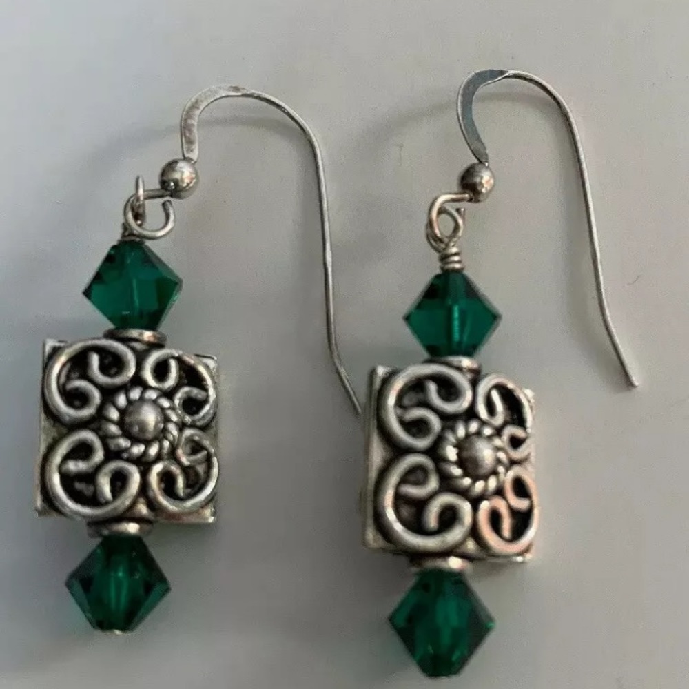 Silver Tone Etched Scroll Bead Dangle Earrings Green Beads